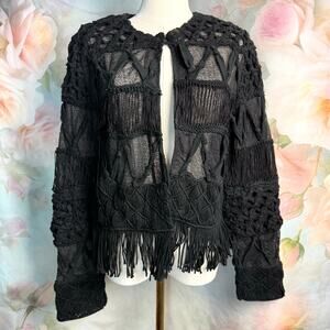 Vintage Sandy Starkman Black Semi Sheer Macrame Fringe Crochet Top Button Jacket